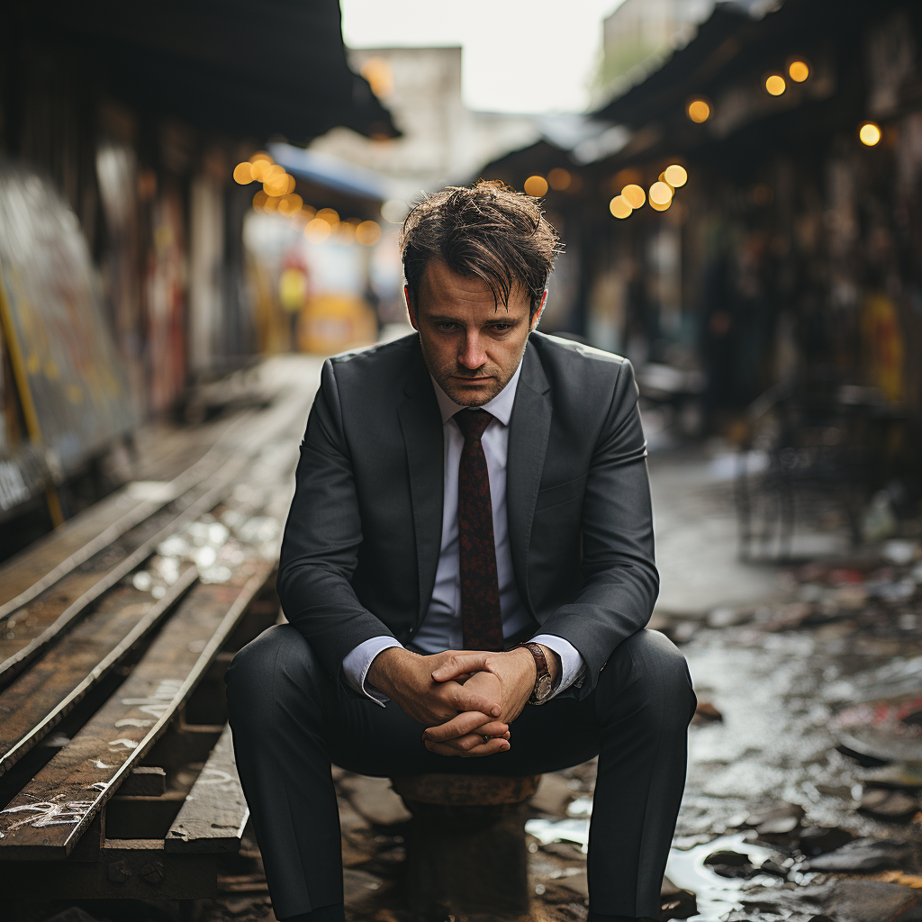 Depressed man in suit in public