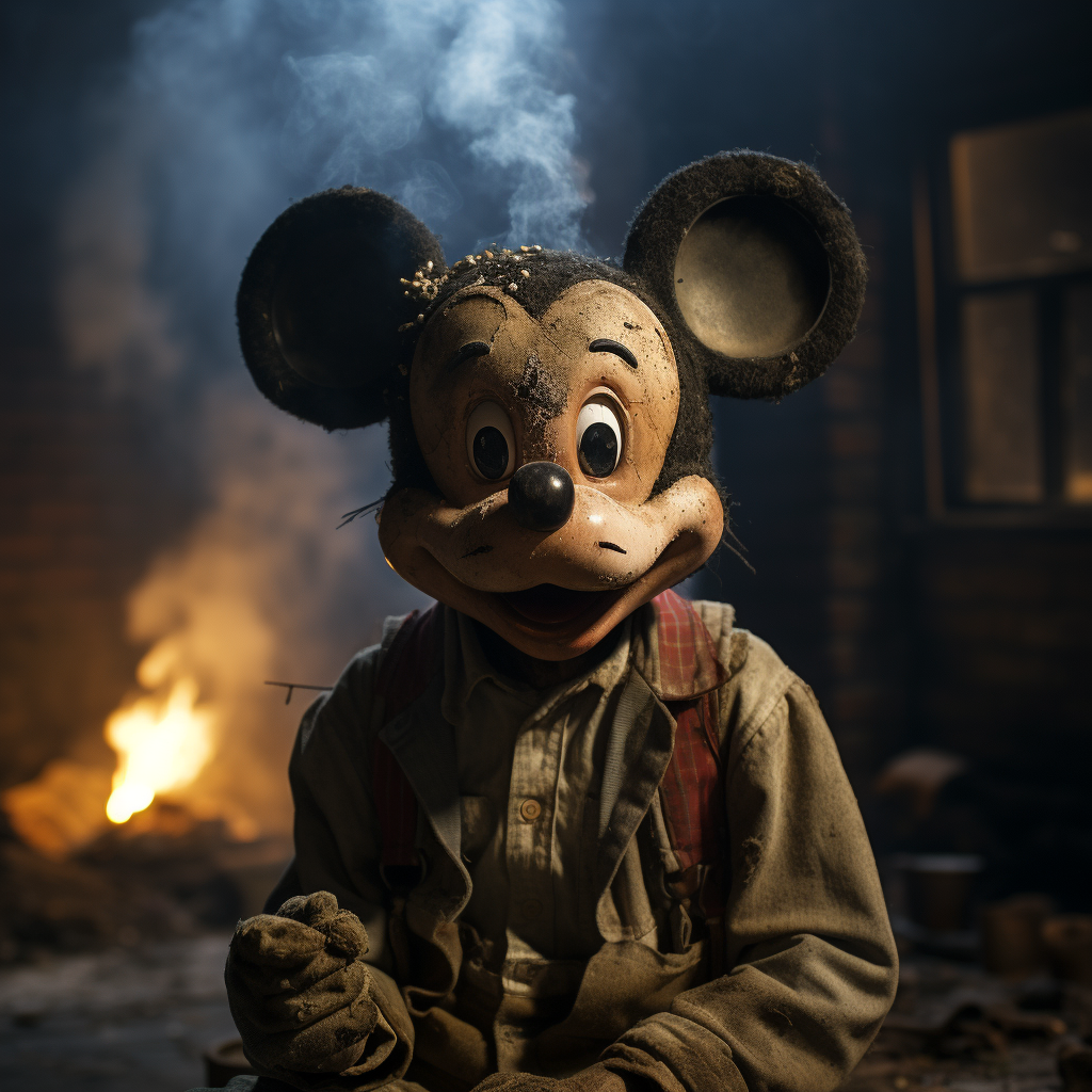 Mickey Mouse smoking in industrial light