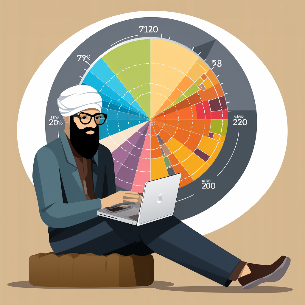 Illustration of a depressed terrorist presenting a pie chart