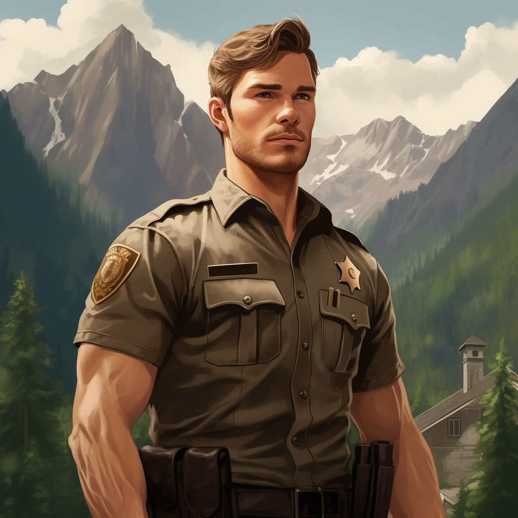 Muscular Deputy Sheriff with Mountain Forest Castle