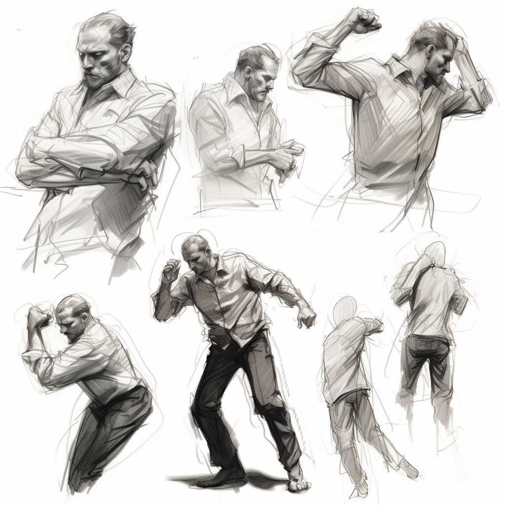 Dynamic upper body movement depicted in Derek Hess style sketch