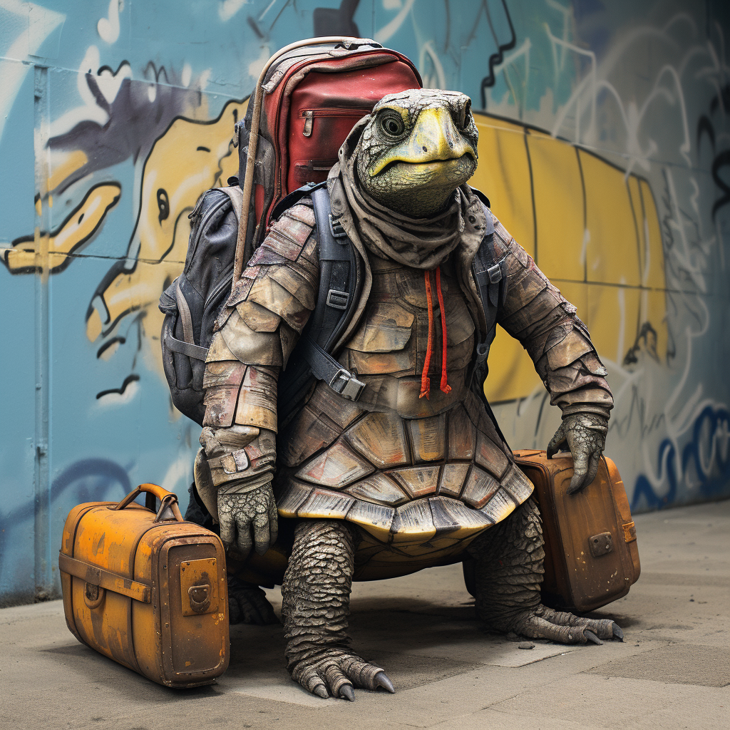 Dermochelys Coriacea with Luggage and 'No More Hotels' Sign