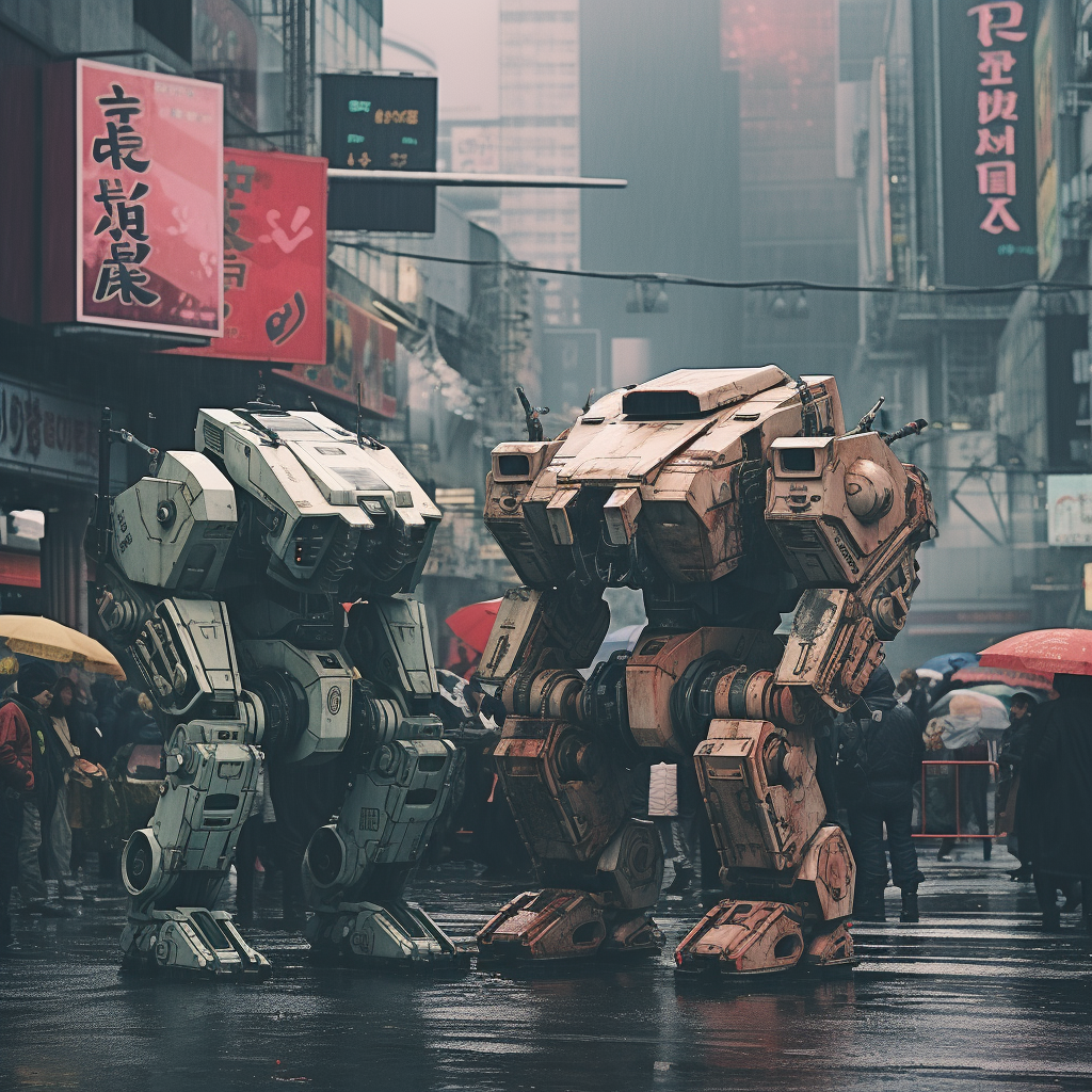 Vibrant cyberpunk mech battle in Tokyo