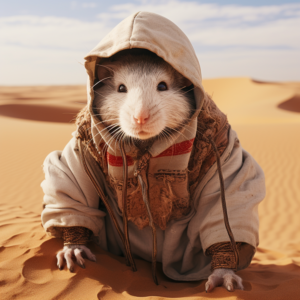 Cute rat dressed as an Arab in the Sahara Desert