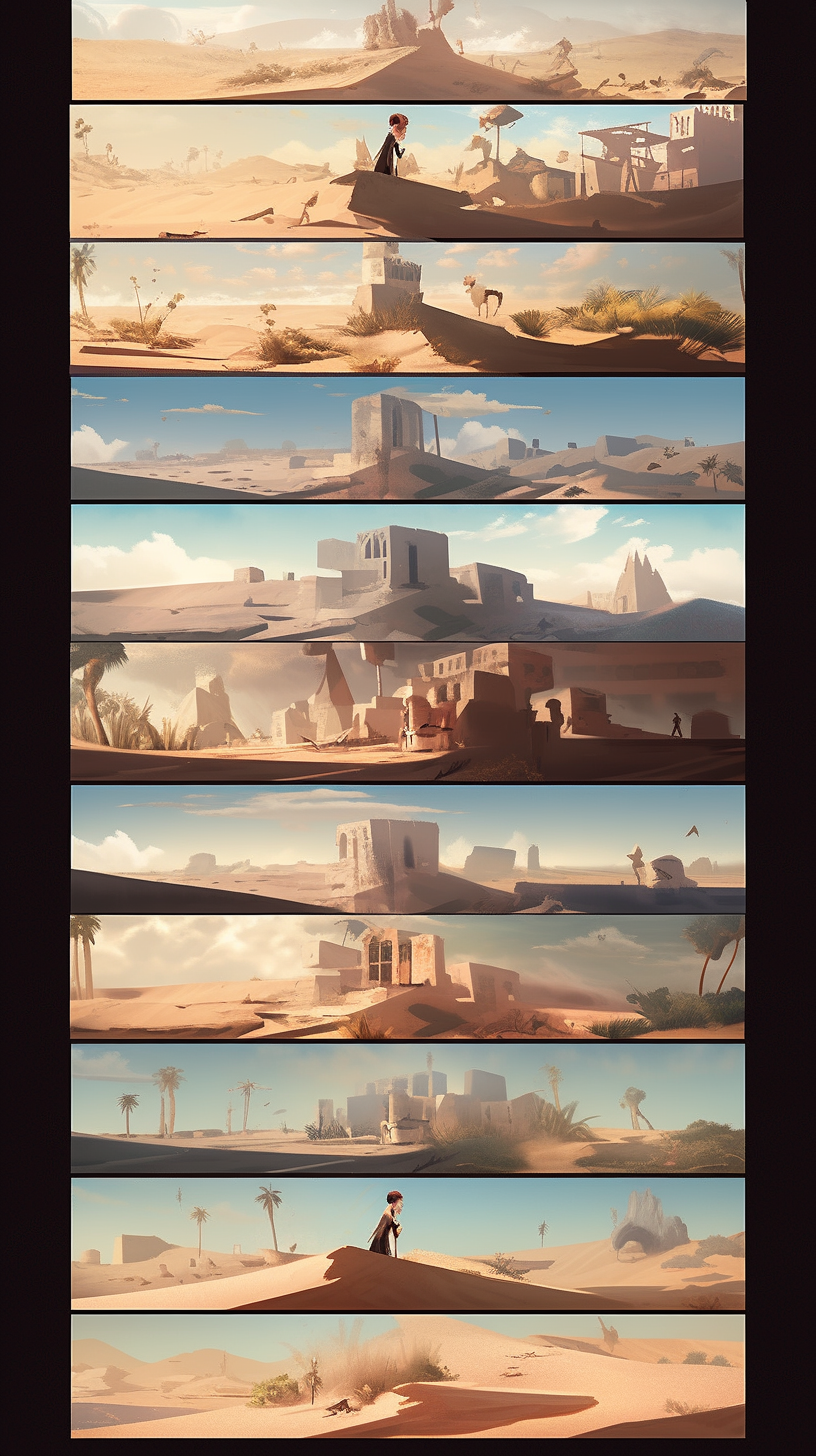 Multiple frames of a desert with a beaming sun