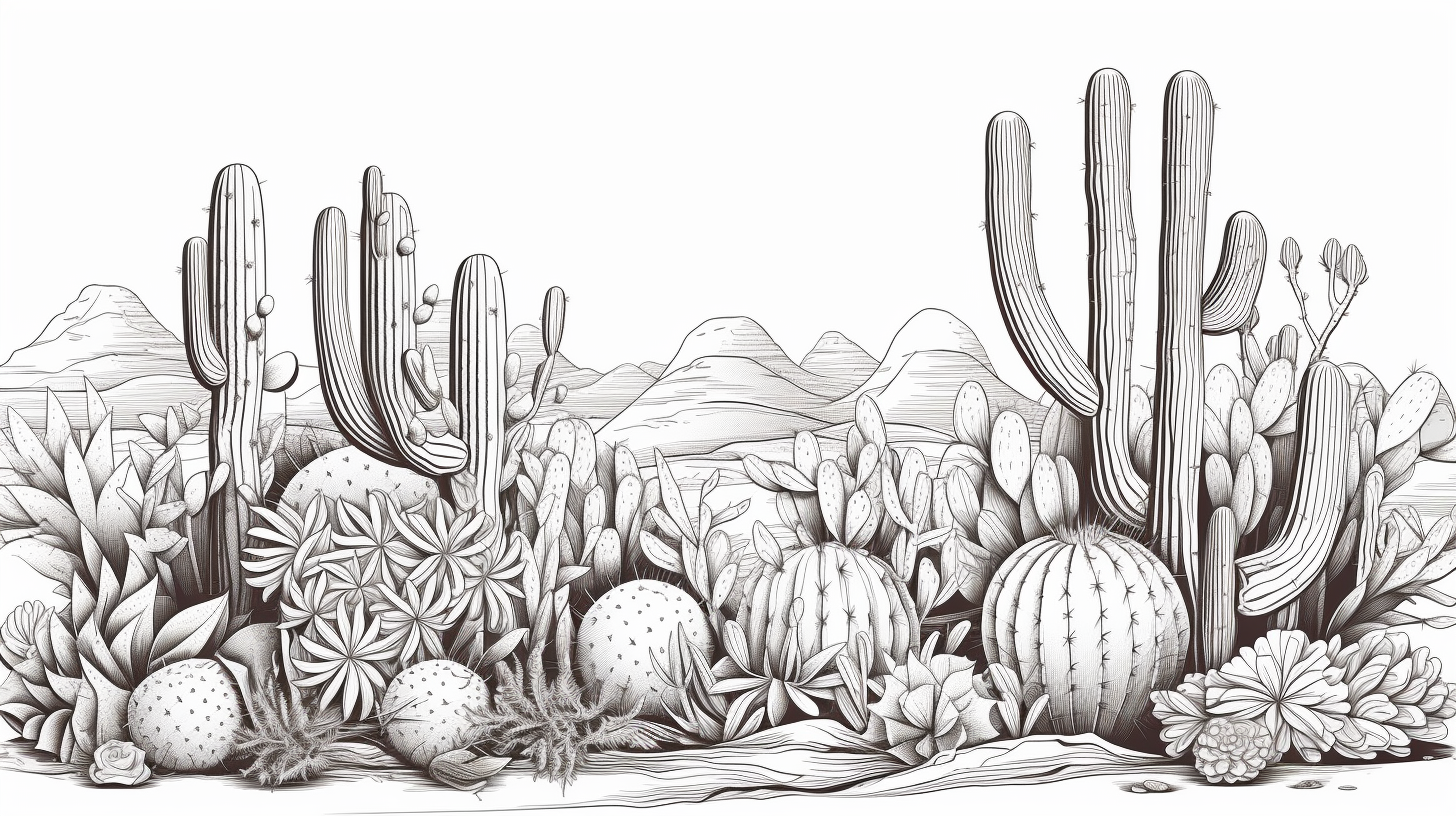 Black and white outline of desert cacti