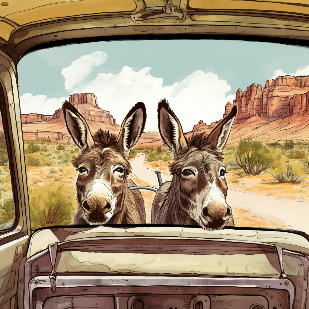 Friendly donkeys enjoying an open car window in the desert