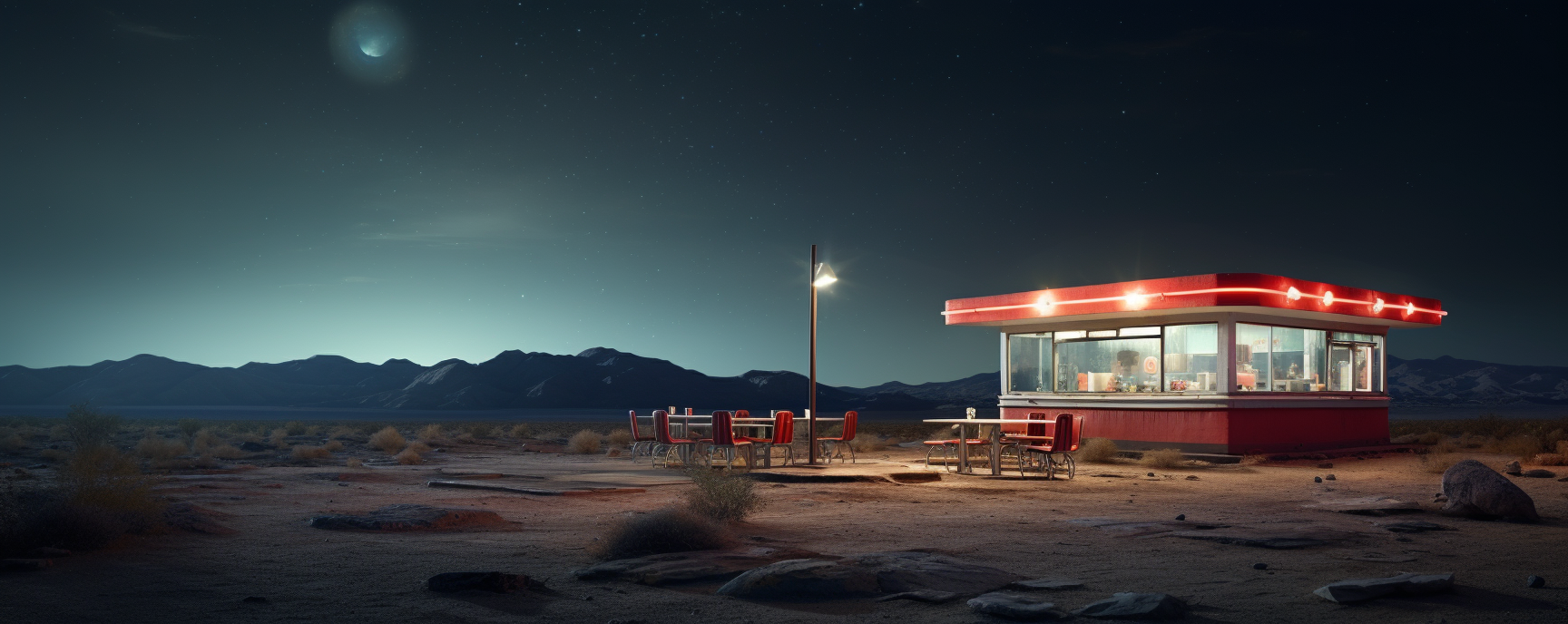 Vibrant lights illuminate desert diner at midnight