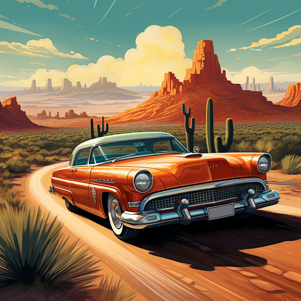 Vintage hot rod driving through desert landscape