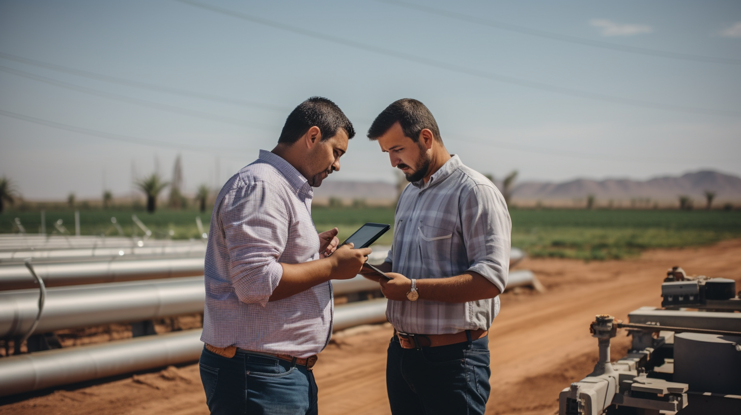 Men inspecting desert farm irrigation system