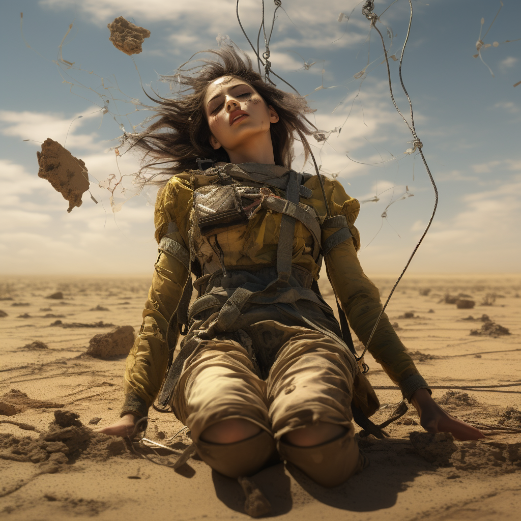 Unconscious female floating away in post-apocalyptic desert