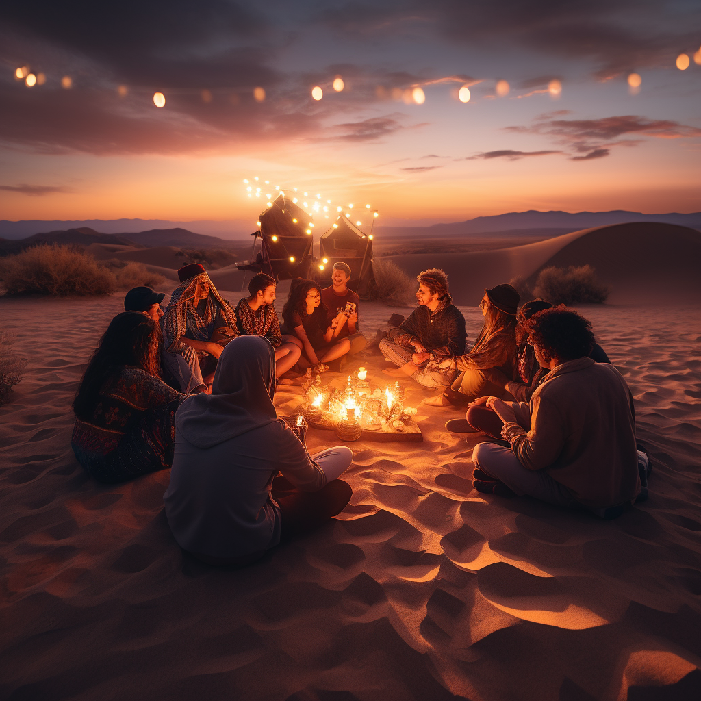 Group enjoying sunset around desert fire