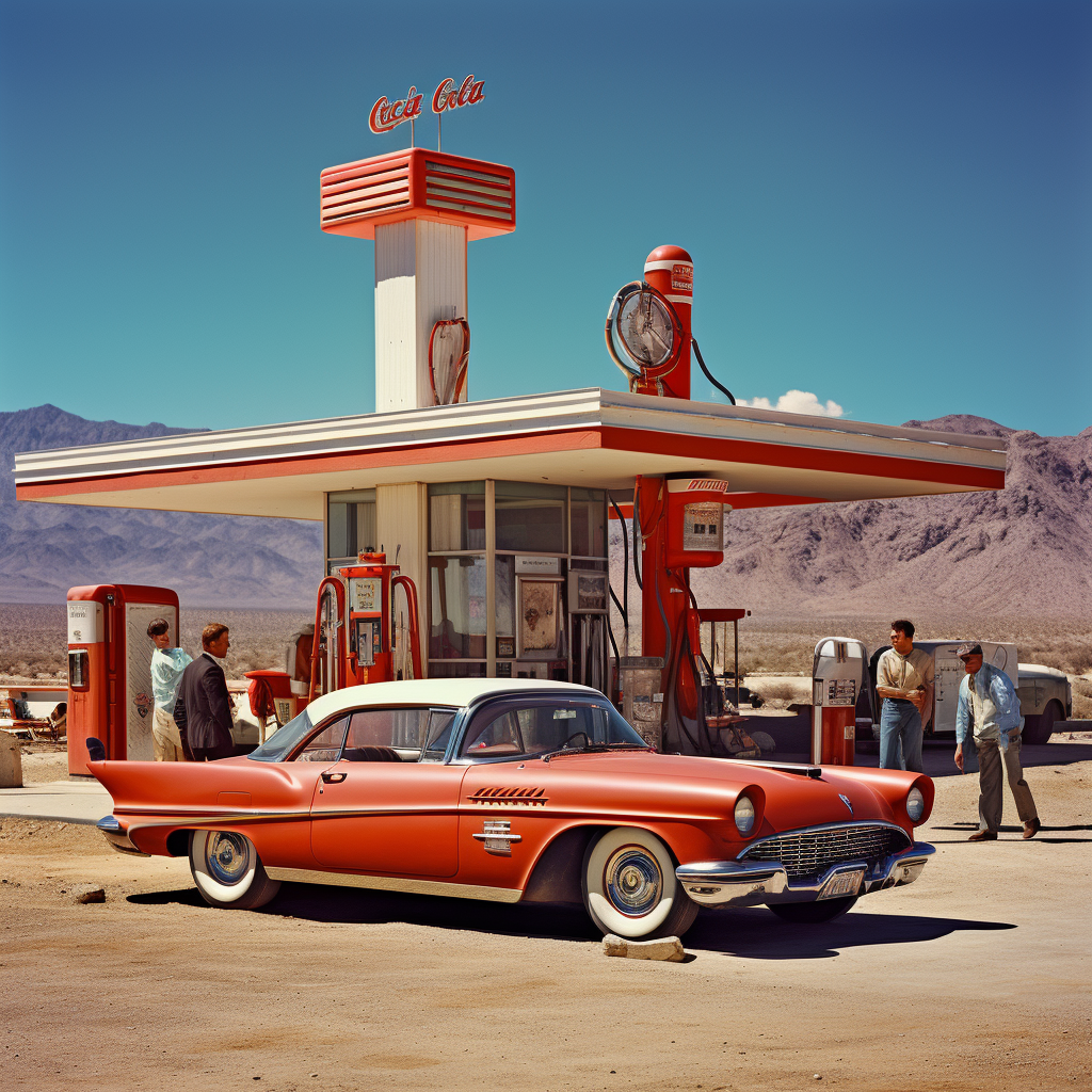 Vintage gas station with vulture on neon sign