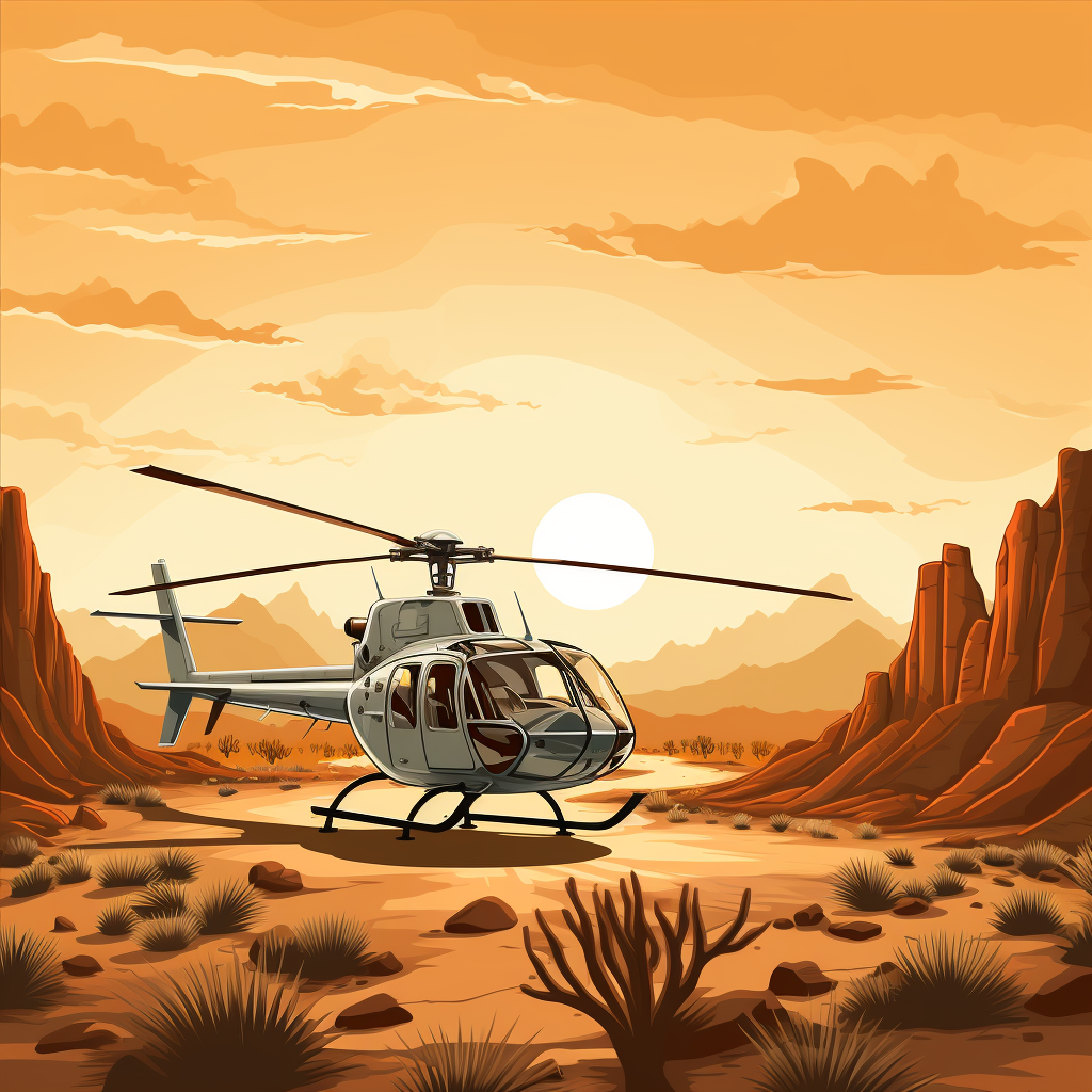 Helicopter flying over desert mountains