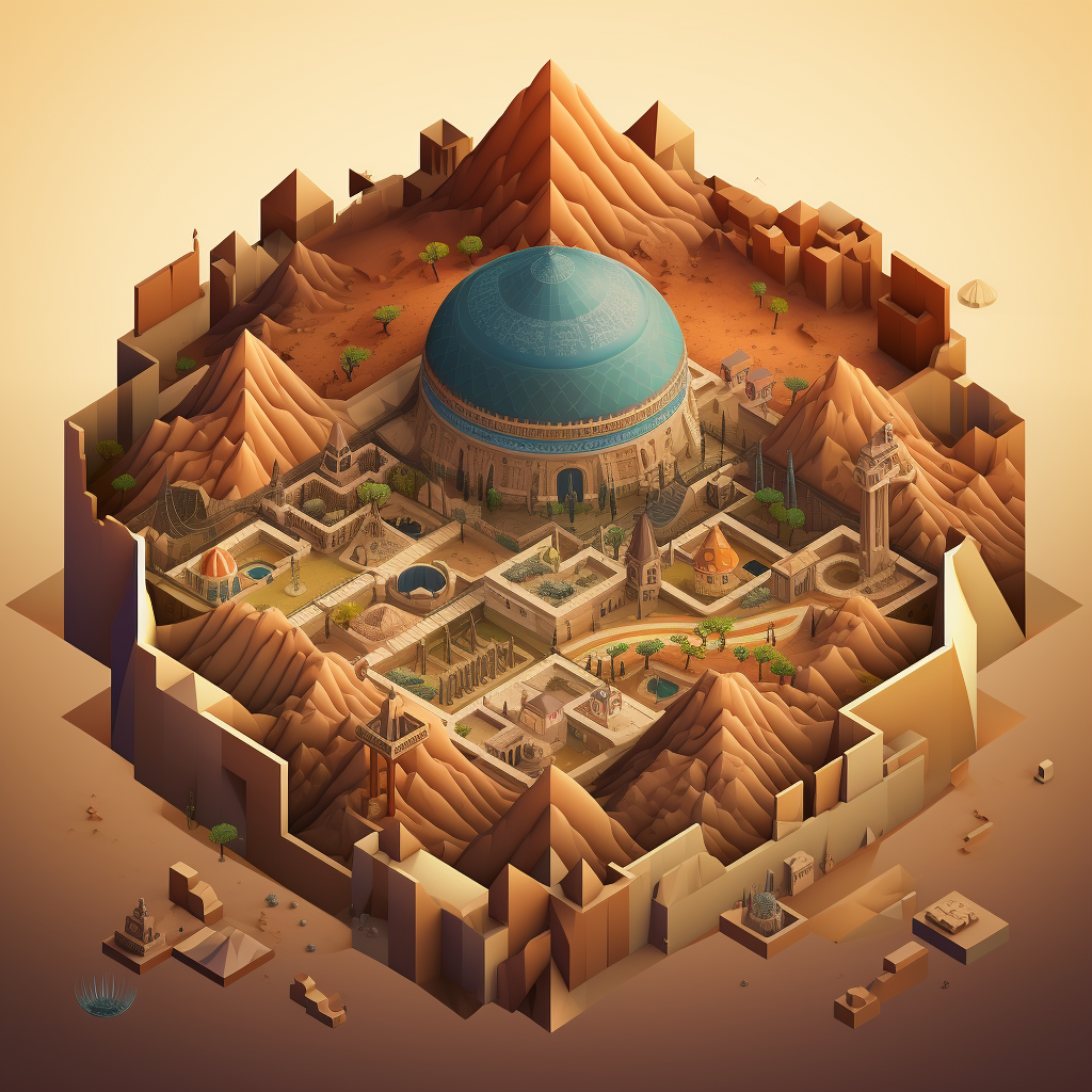 Isometric hex map of a desert with a dome city