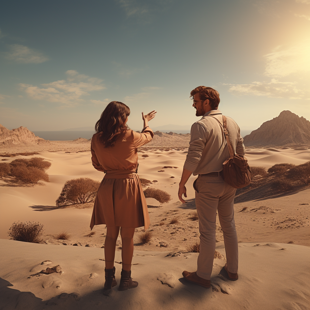 Three people staring on a desert island