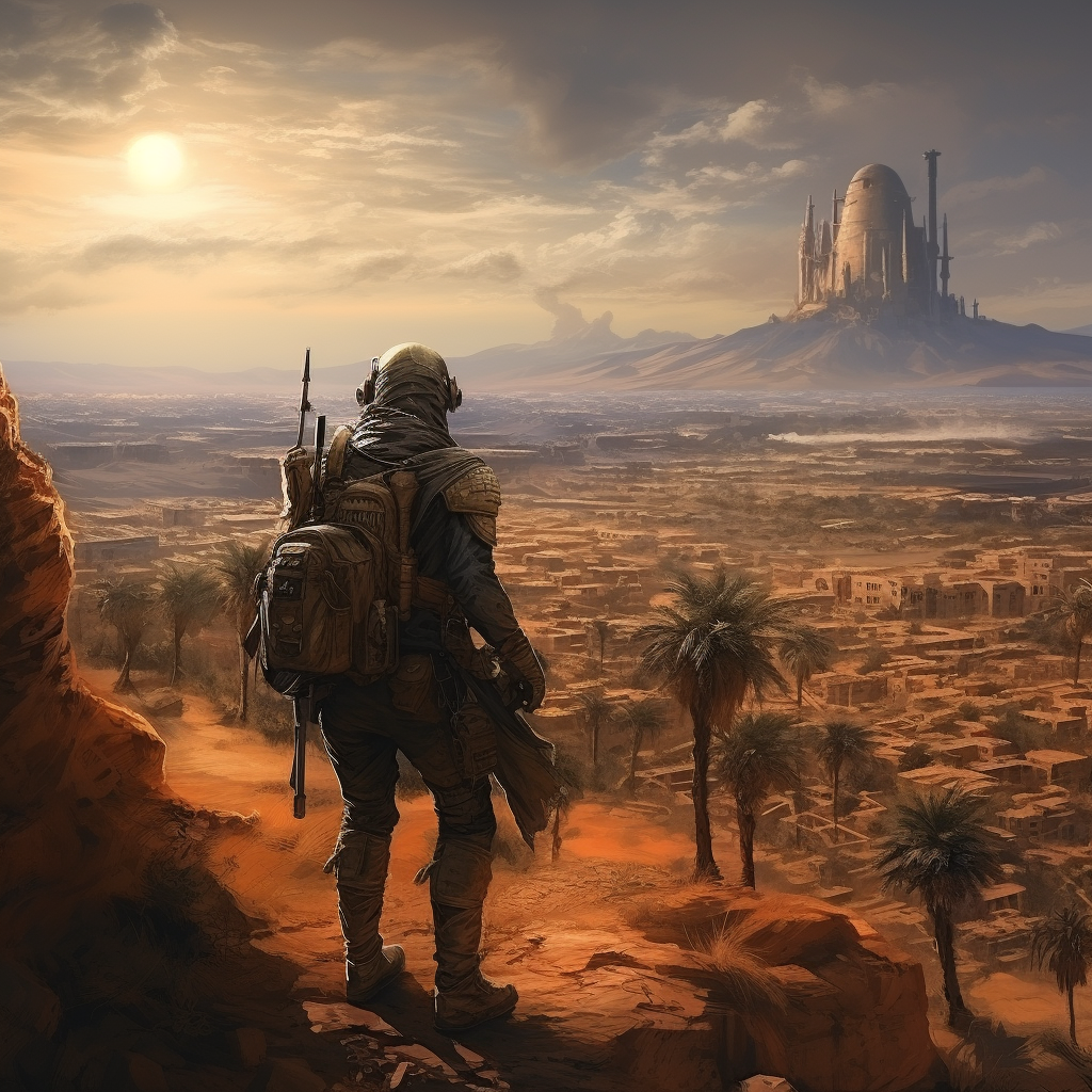 Soldier overlooking epic desert battle scene