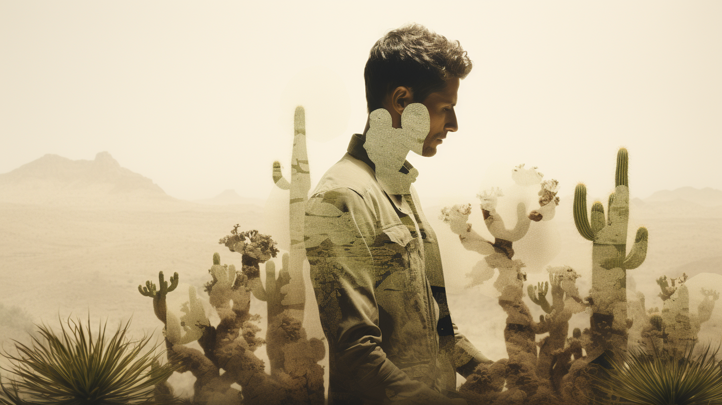 Surreal double exposure portrait of a man in the desert