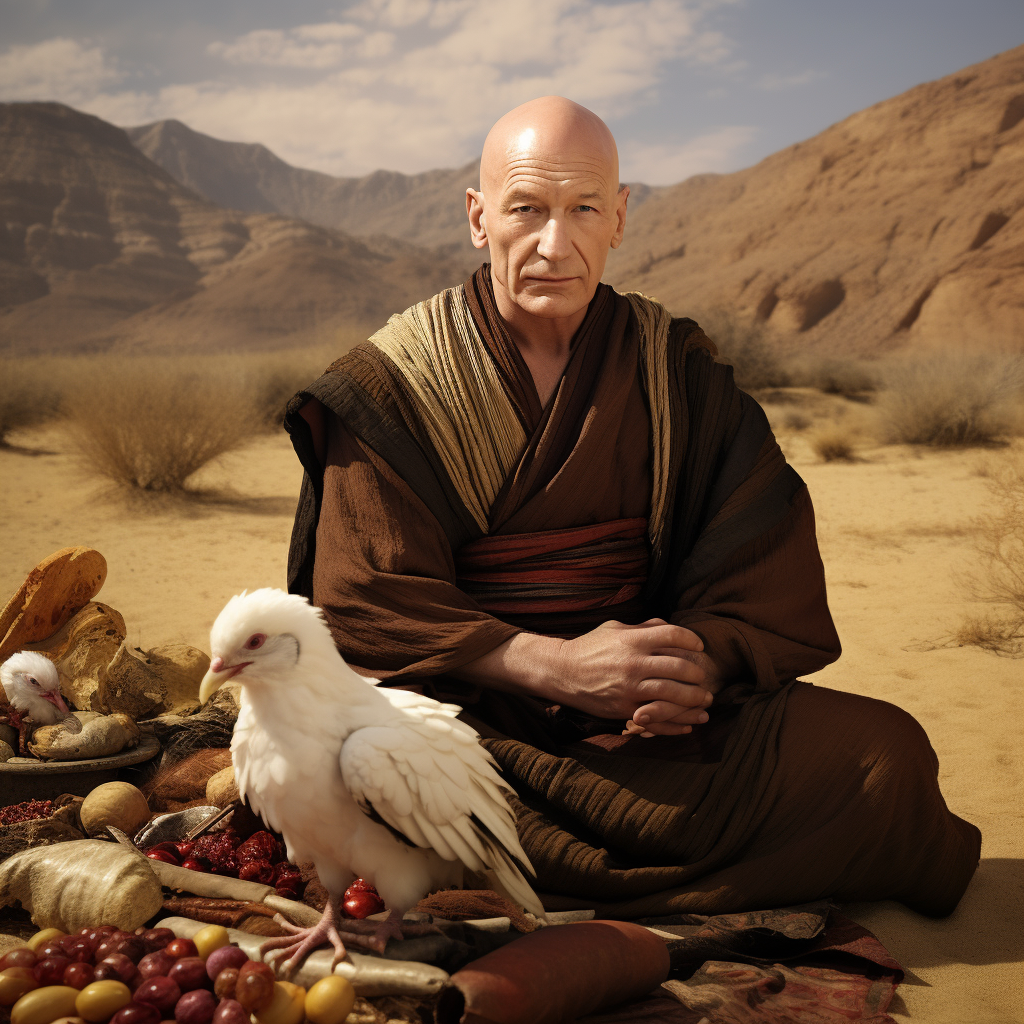 Captain Picard as Desert Monk with Turkey Feathers