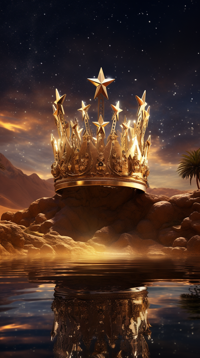 Shiny golden crown under desert night sky