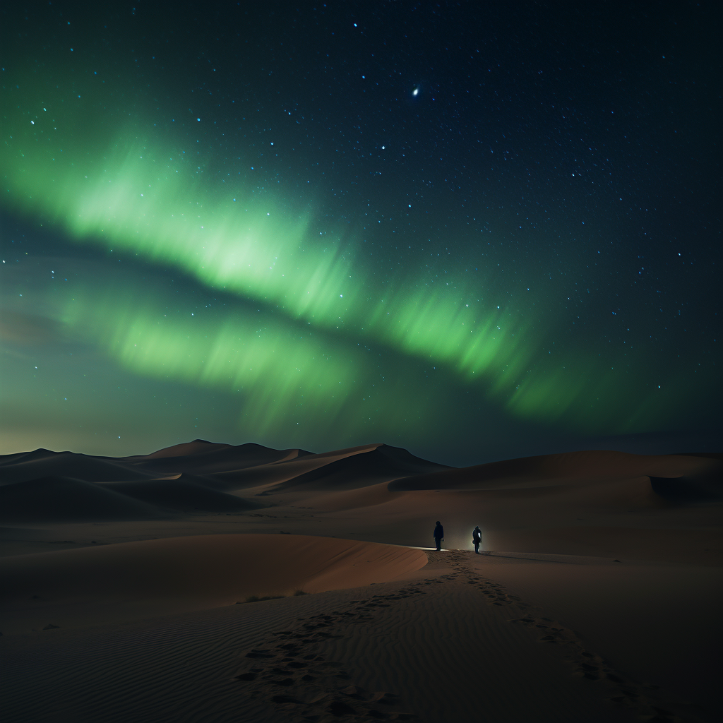 Vibrant green aurora in the desert night