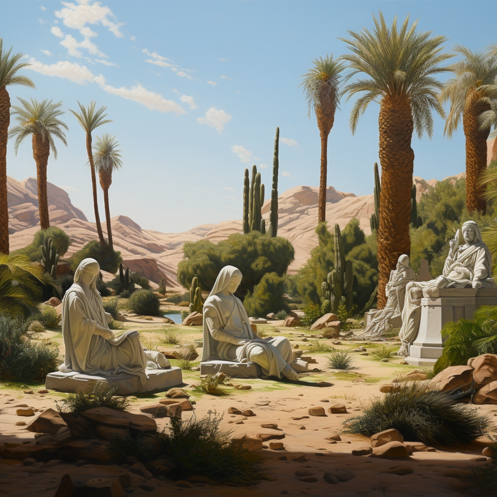 Realistic Desert Oasis with Cracked Statues