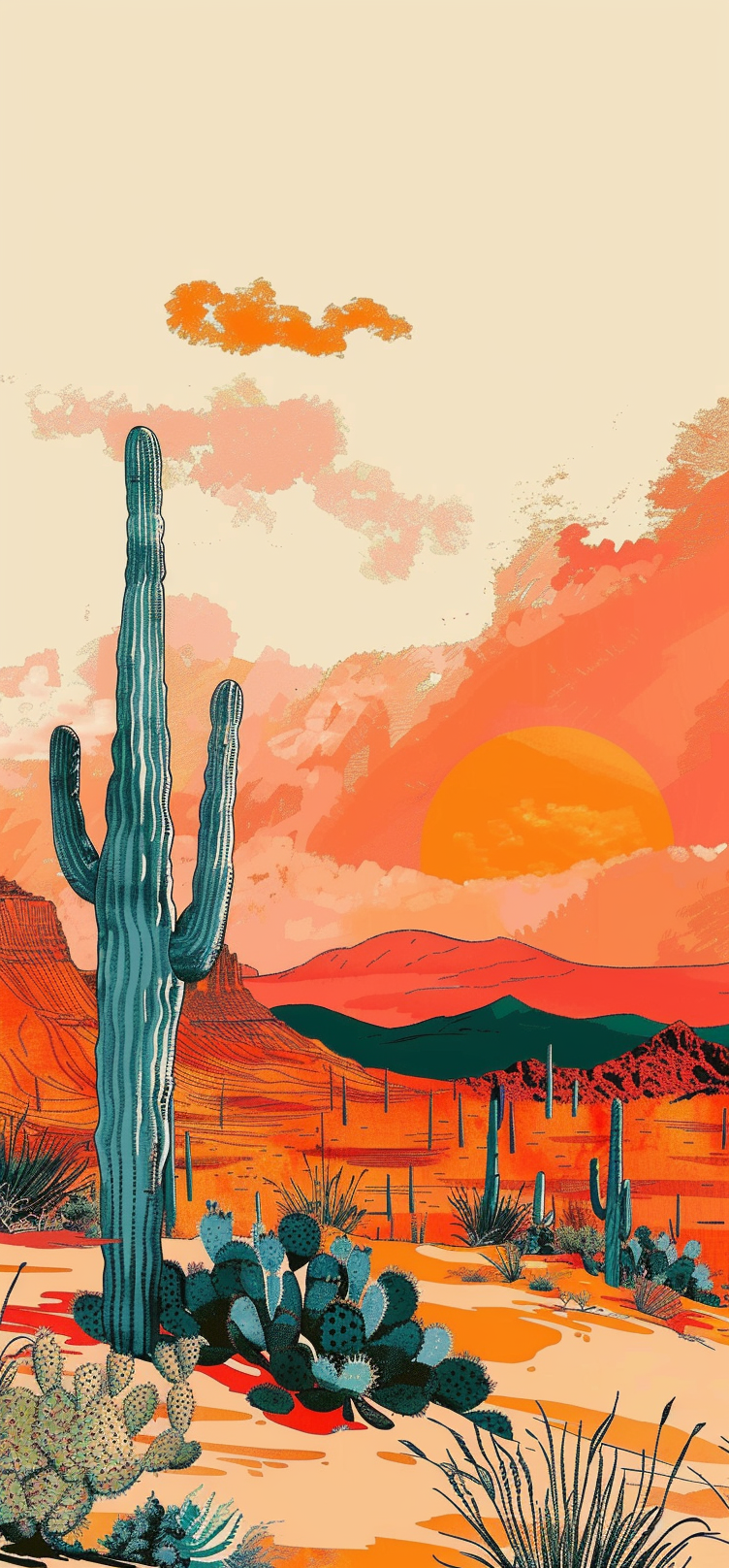 Colorful desert sunset with cactus