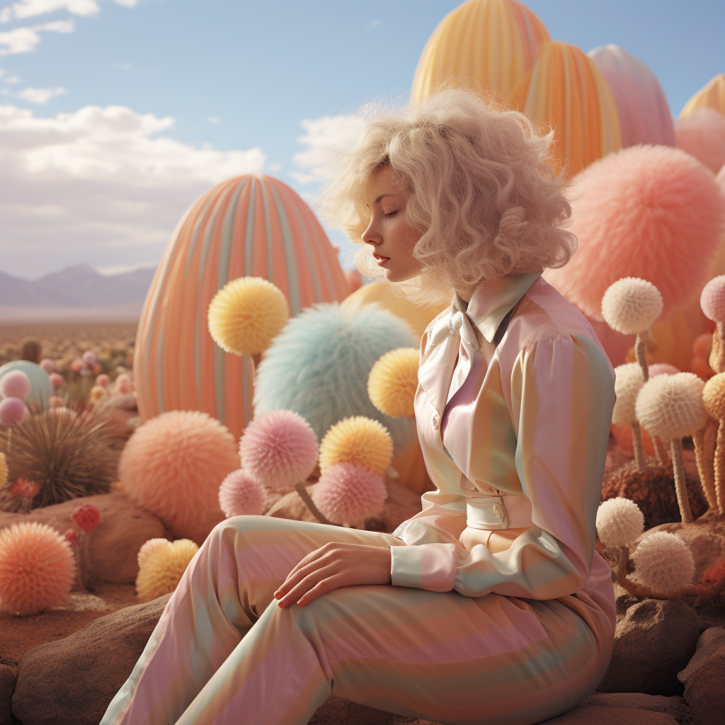 Pastel retrofuturistic desert scene with cacti, stream, and cloud