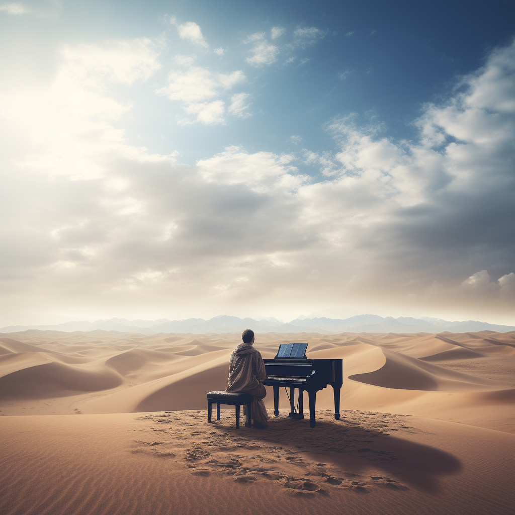 Piano player creating magical melody on a desert dune