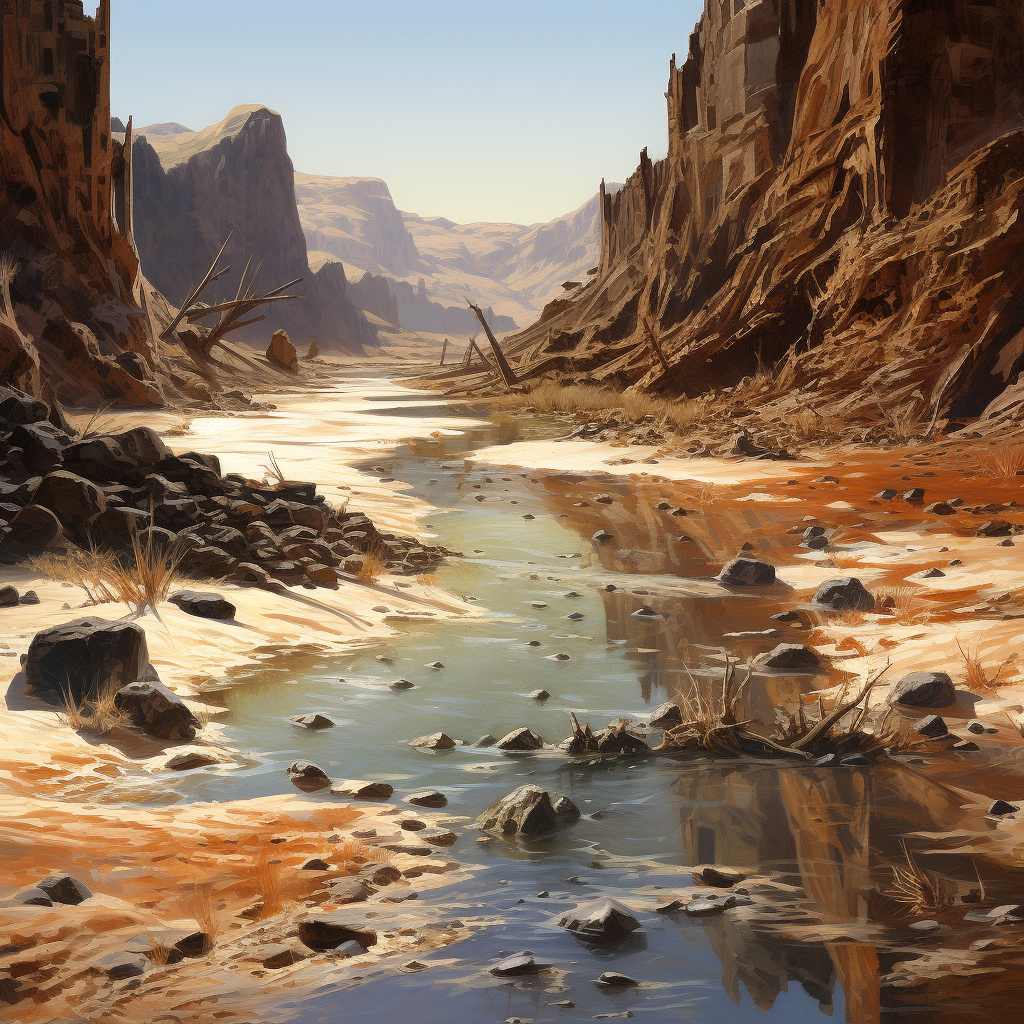 Illustration of a deep desert rift and dried river bed