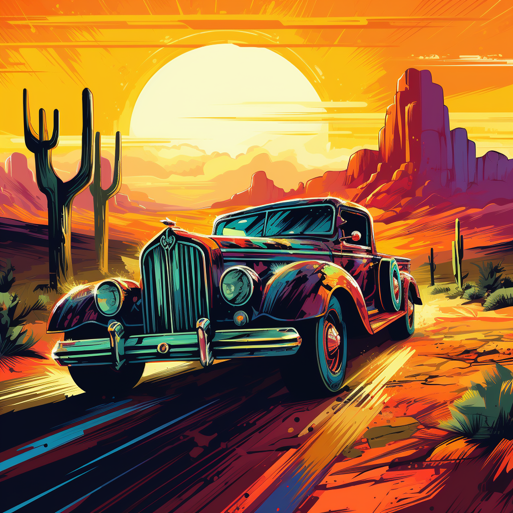 Colorful hot rod drives on desert road