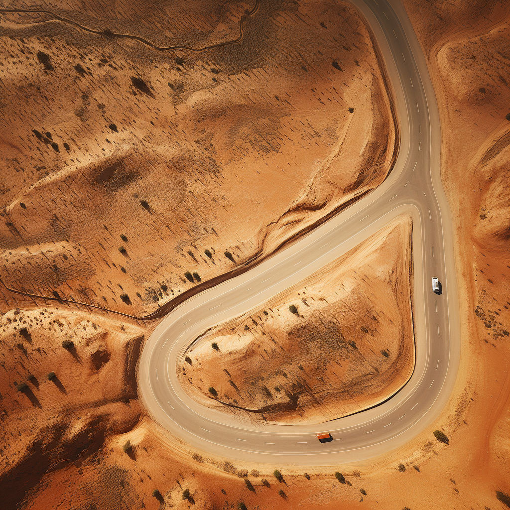 Winding road in desert with semi truck