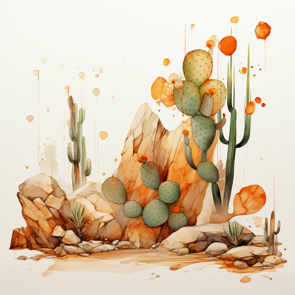 Abstract Watercolor Pattern of Desert Rocks and Plants