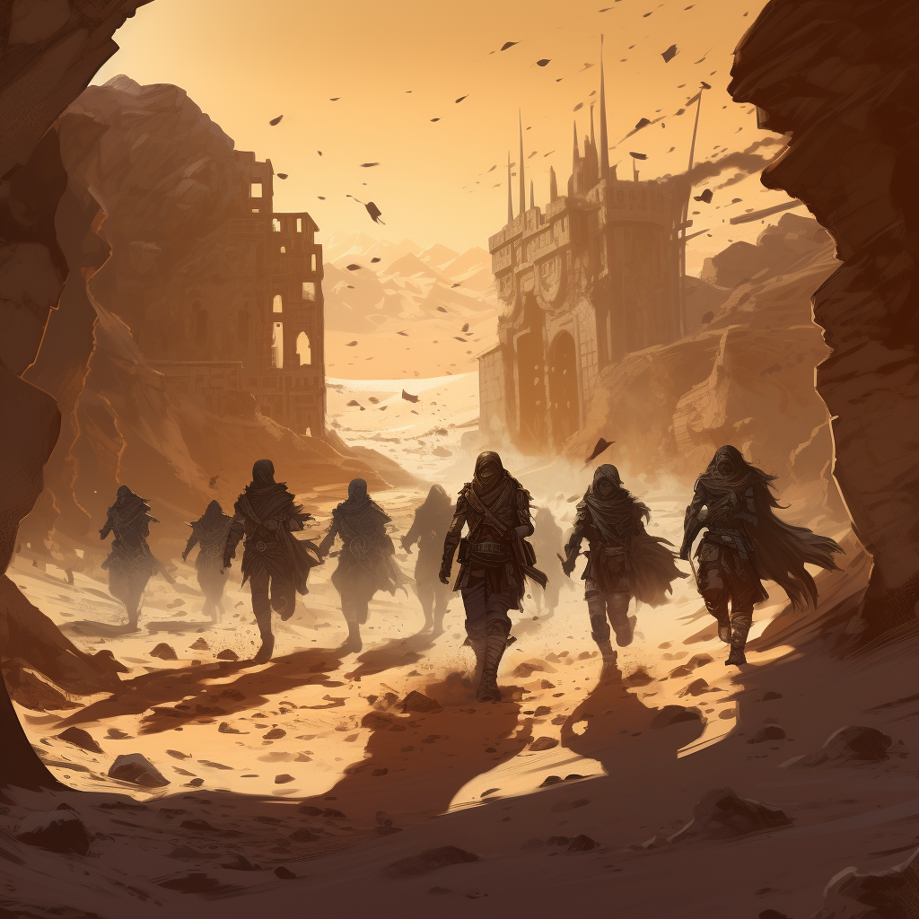 Adventurers running from chasing monsters in desert ruins