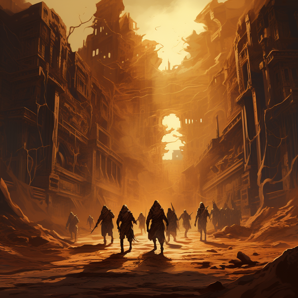 Adventuring party escaping shadow monsters in desert ruins