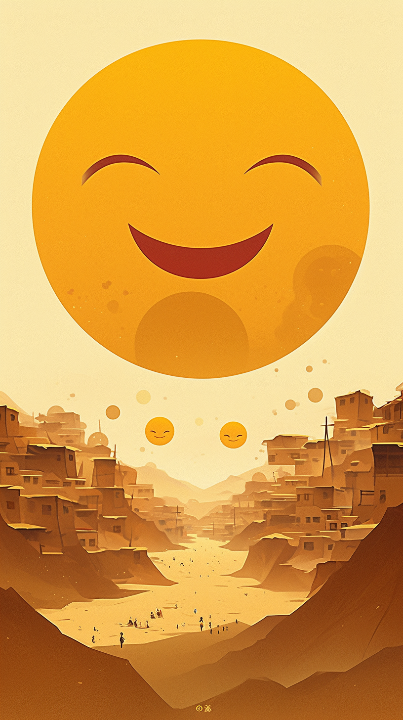 Smiley faced sun overlooking a desert sand town