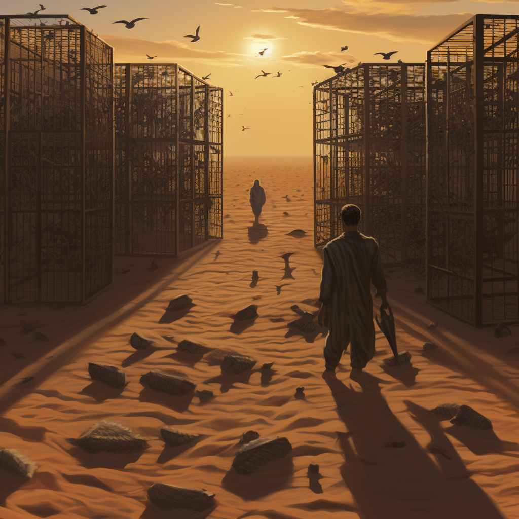 Men trapped in cage under desert sands