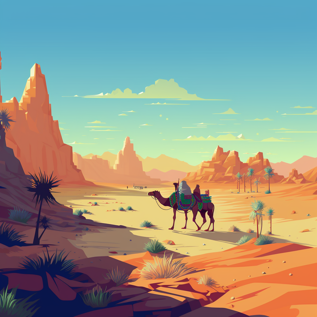 Desert scene with camels in raw style