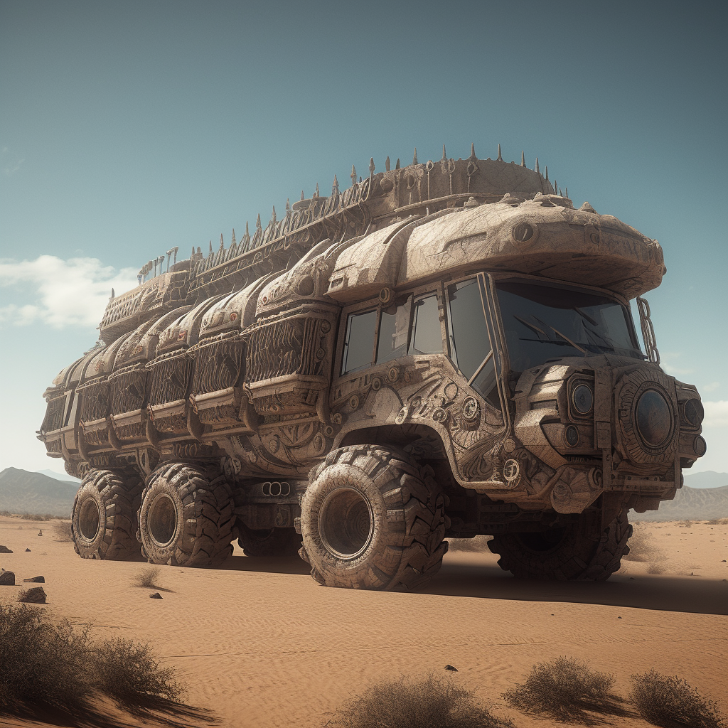 A futuristic megalithic sci fi bus in the desert