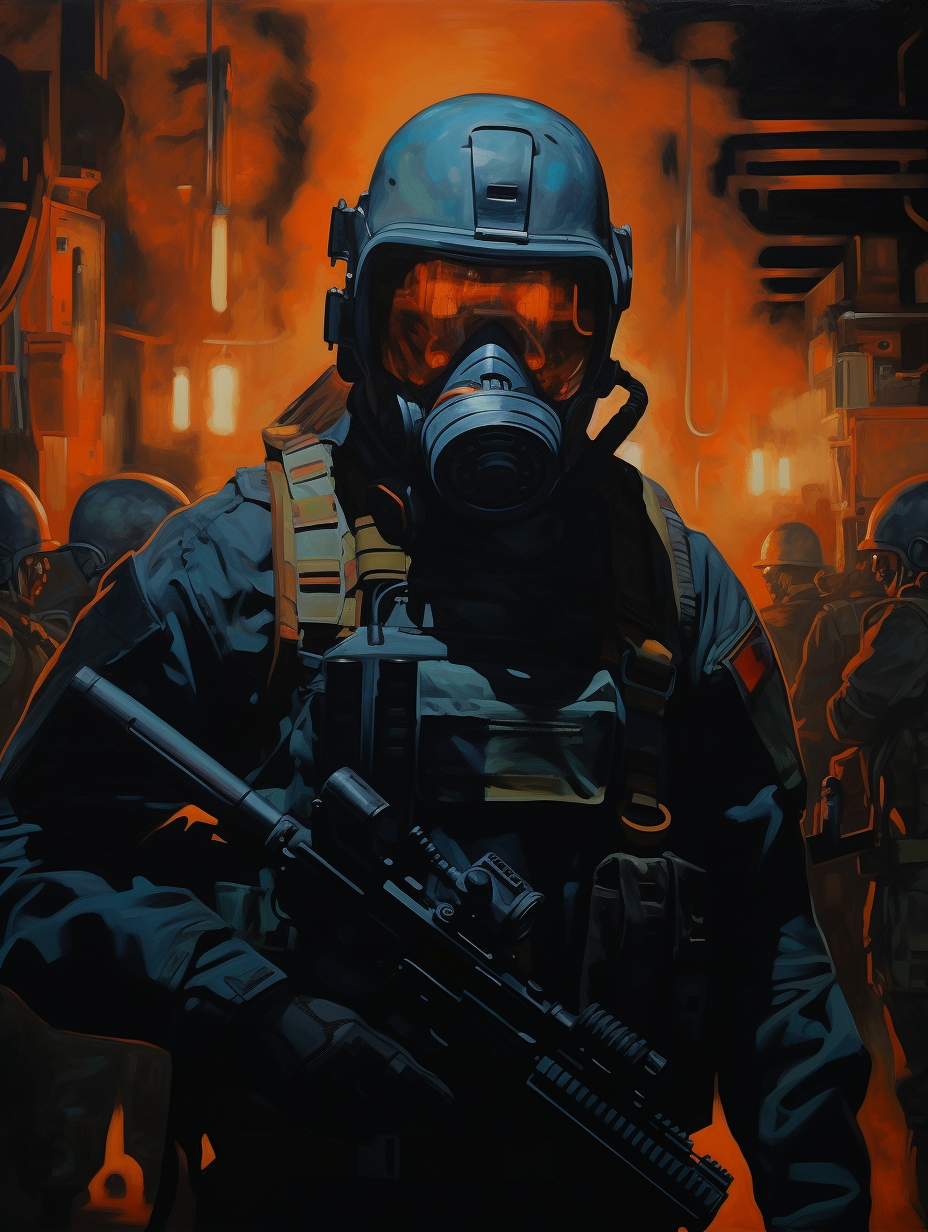 Dystopian soldier in cyberpunk night vision gear