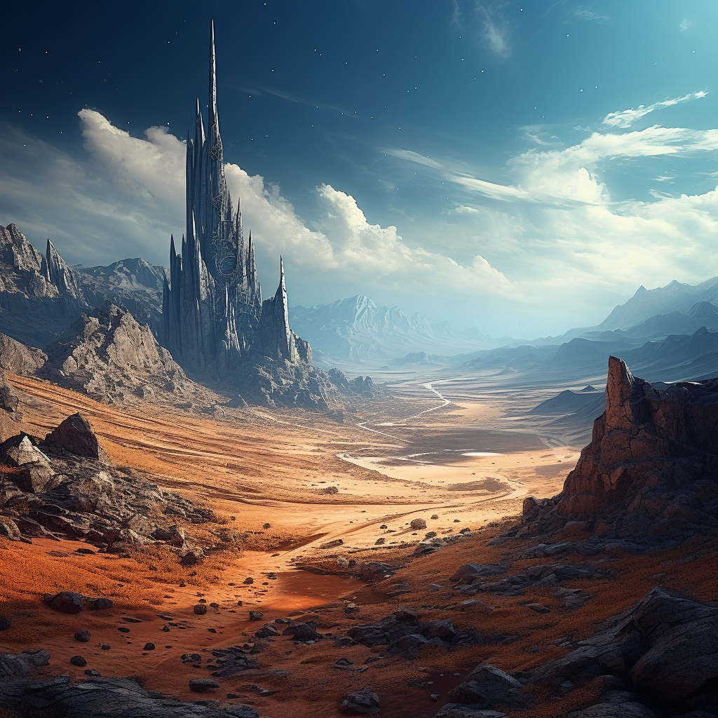 Fantasy desert landscape with lone spire