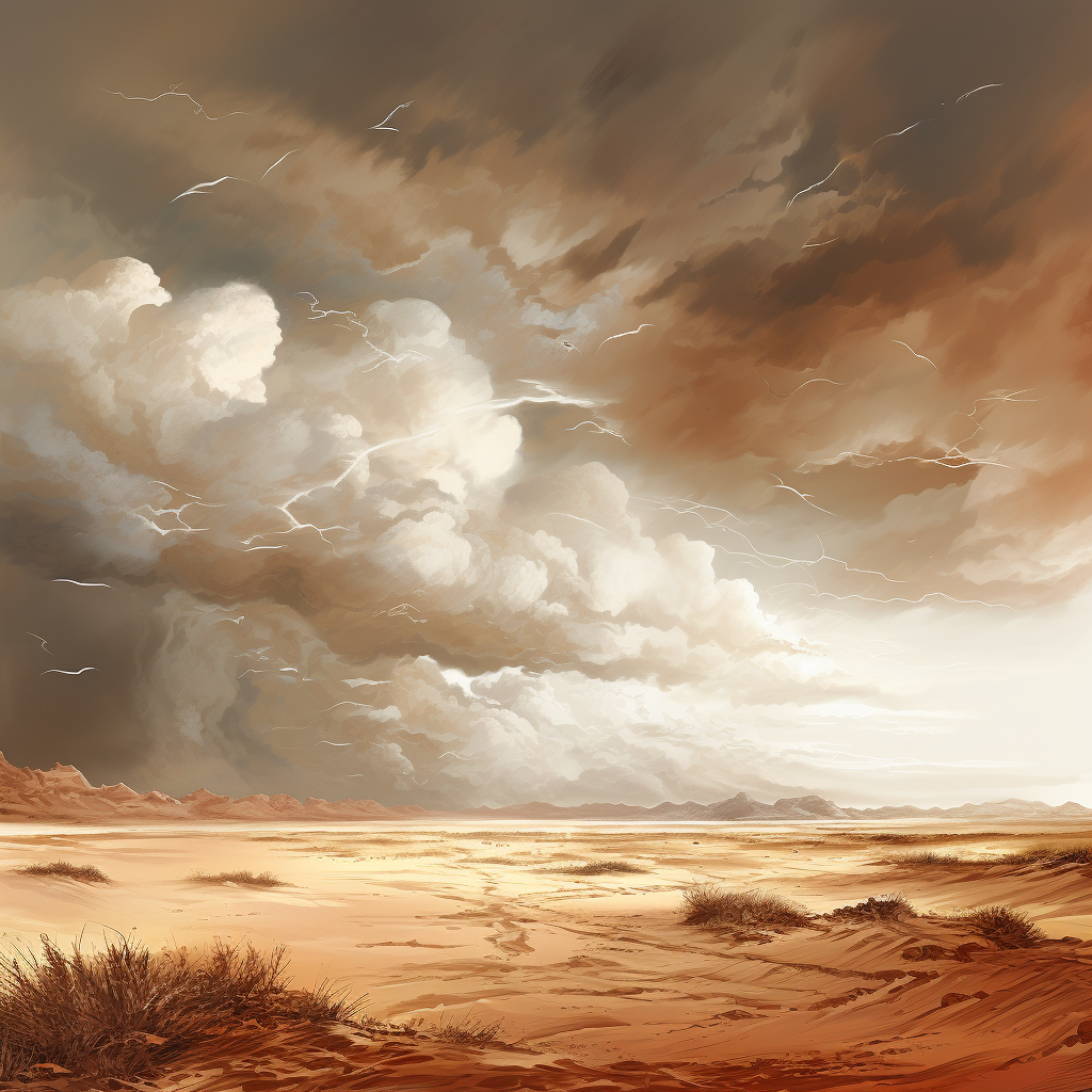 Illustration depicting desert storm with gray sky