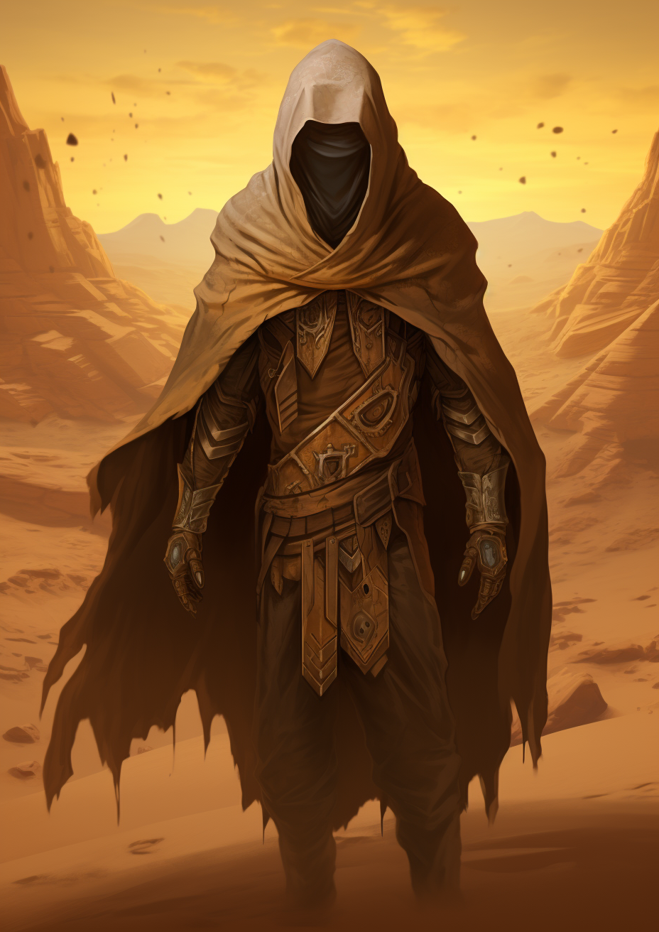 Man in desert cape and storm mask emerging