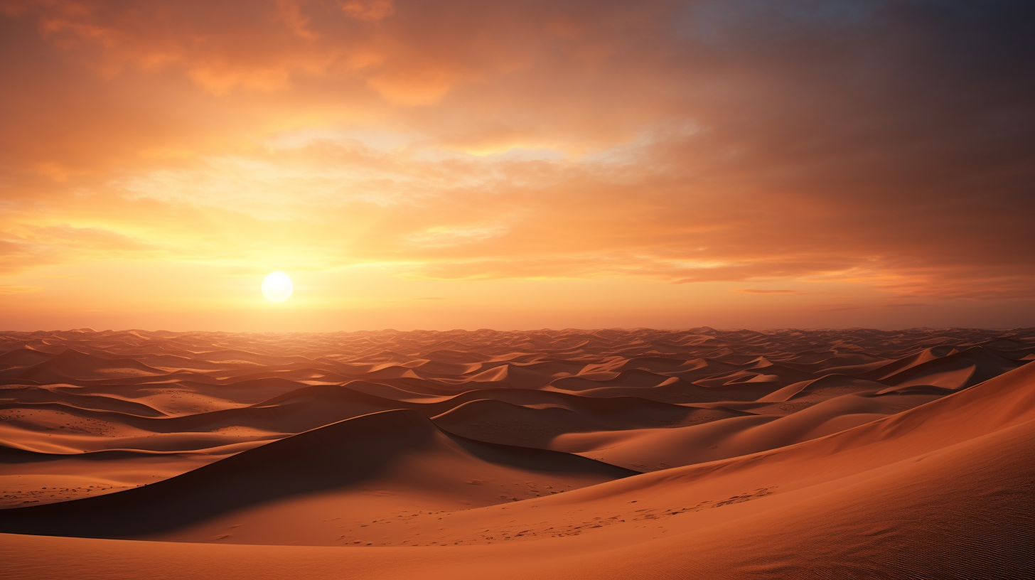 Sunrise over vast desert dunes