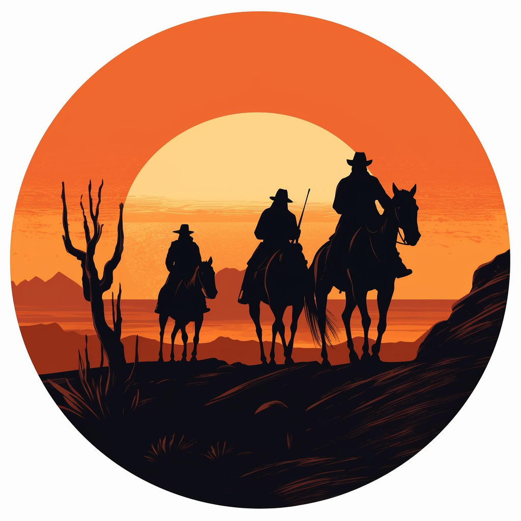 Silhouette of Four Horsemen Riding into Sunset