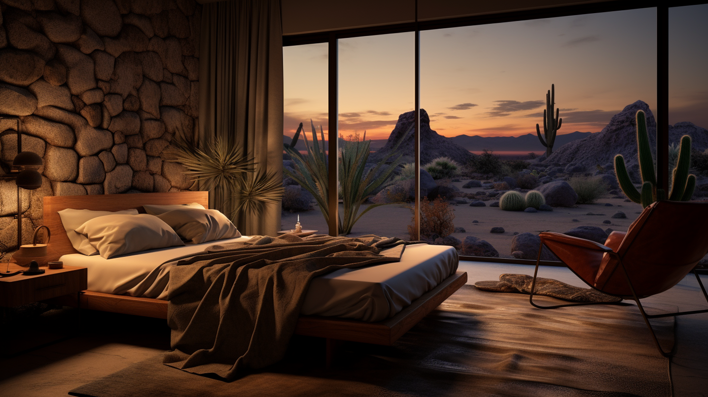 Cozy desert bedroom with dim lamp lighting