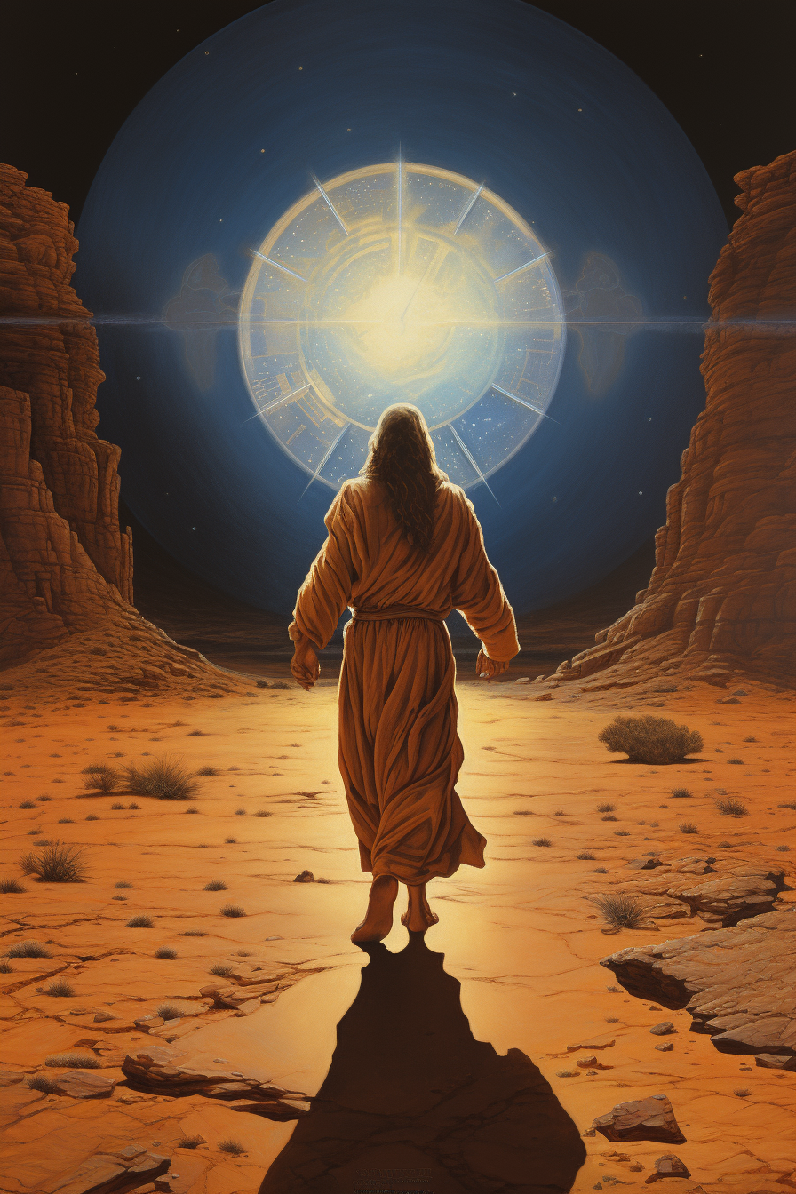 Jesus stepping out of time machine in desert