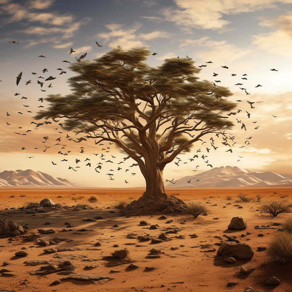 Beautiful desert tree with flying birds