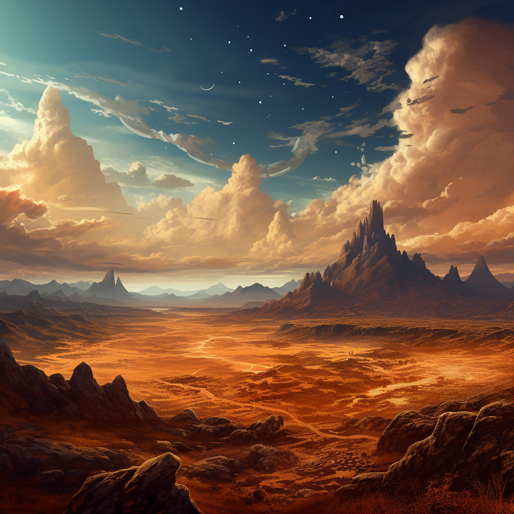 Fantasy desert valley with lone spire