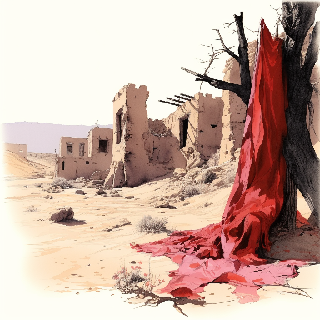 Ransacked village ruins with red cloth in the desert